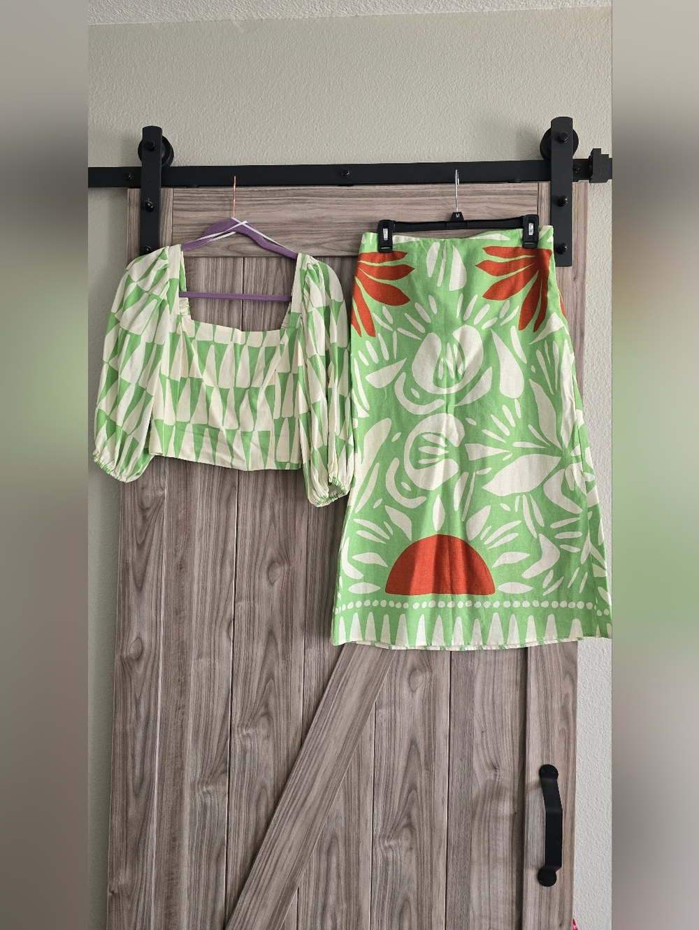 Maison d'Amélie Green and Cream Printed Two-Piece Set with Orange Accents